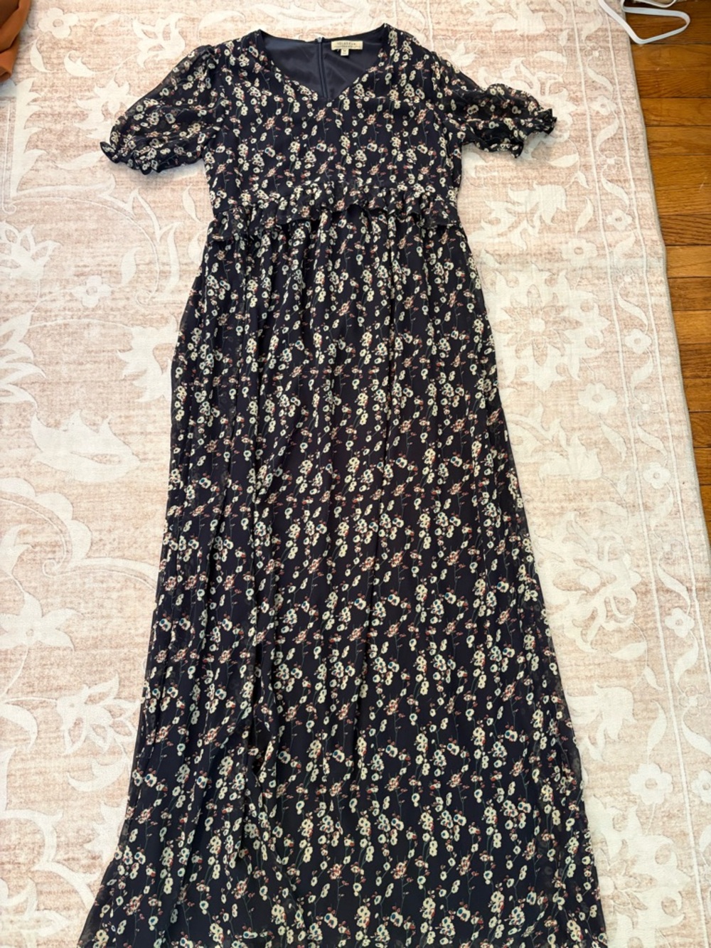 Polagram Navy Floral V-Neck Dress with Red and Cream Flowers Size M
